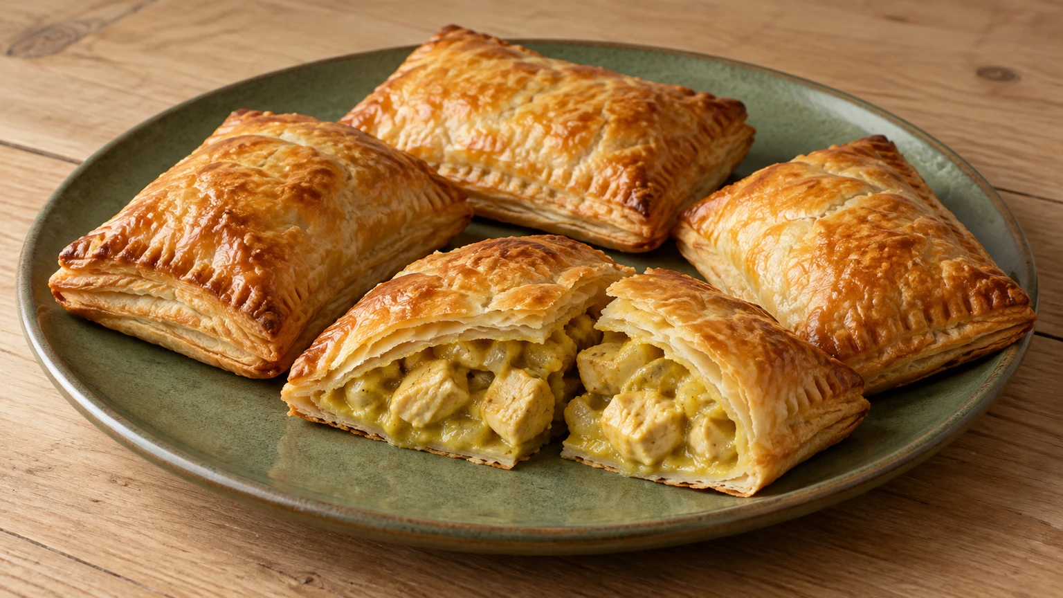 Hojaldres sobre un plato verde con un corte que muestra pollo y salsa amarilla de curry.