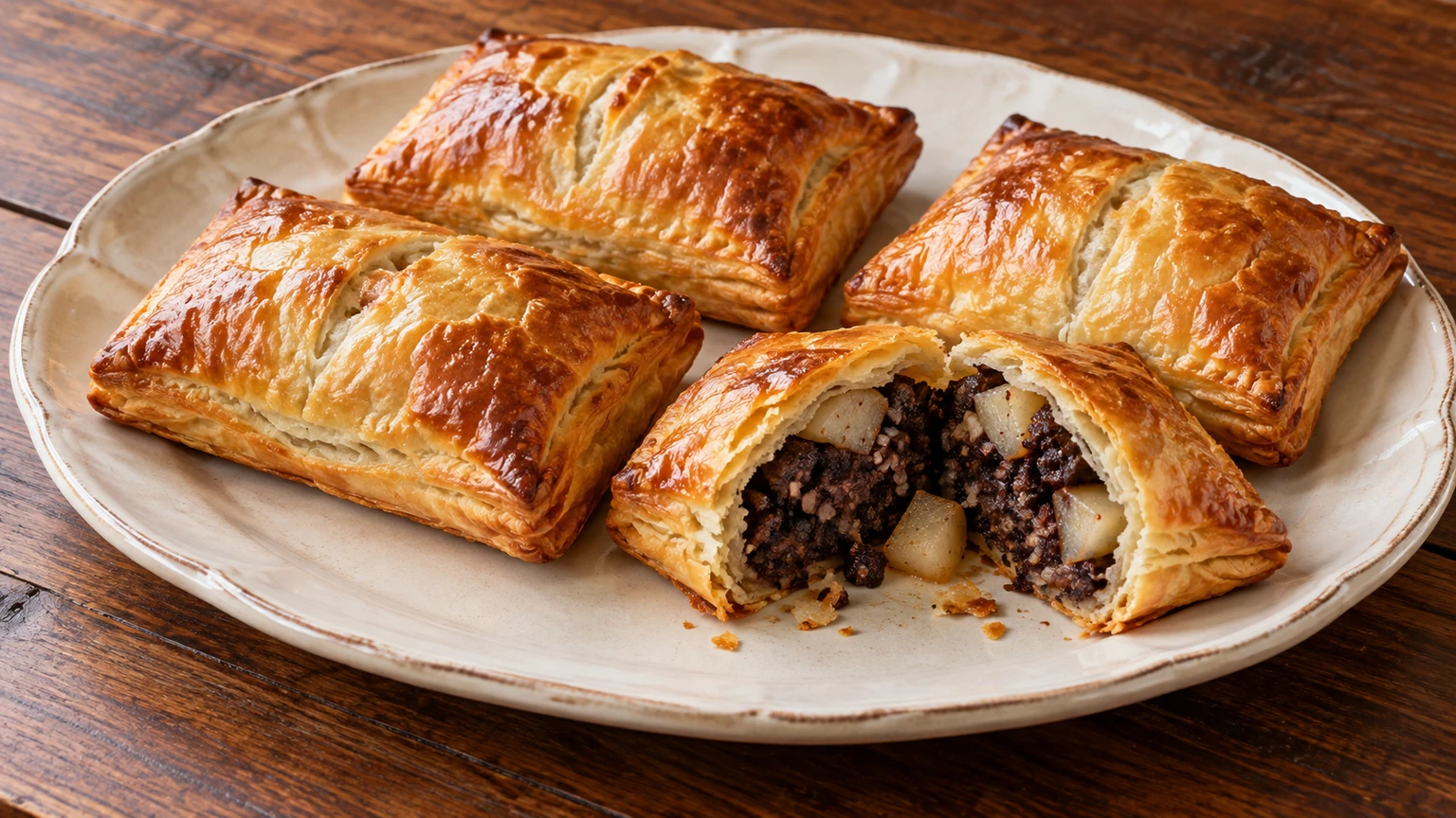 Hojaldres rellenos de morcilla oscura y dados de pera, con una pieza cortada por la mitad.