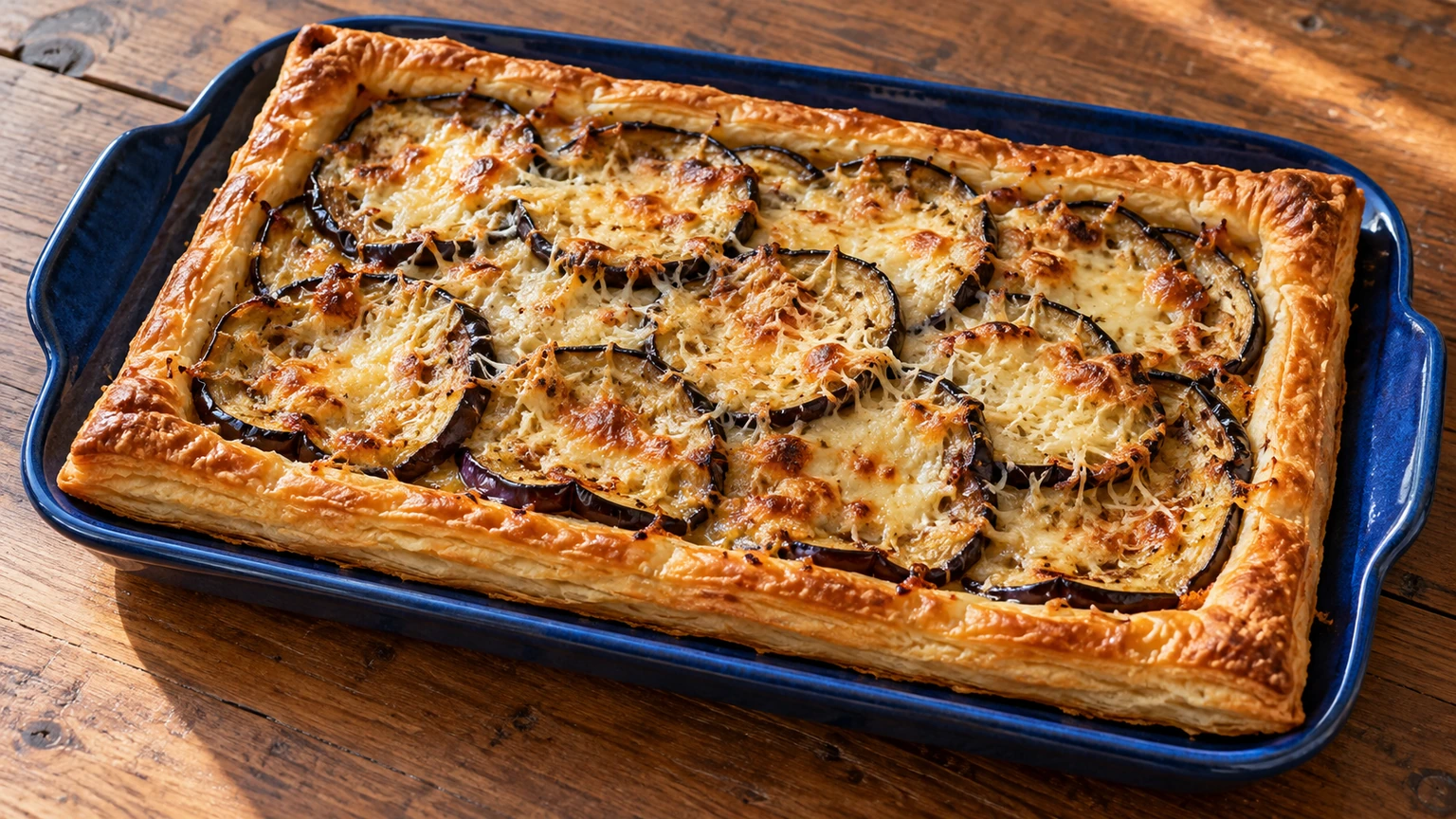 Tarta rectangular de hojaldre con rodajas de berenjena asada y queso curado gratinado.