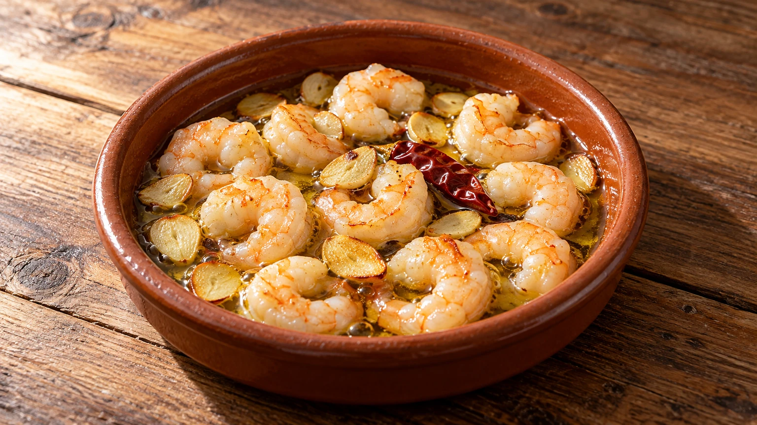 Gambas peladas en aceite de oliva con láminas de ajo y guindilla en una cazuela de barro.