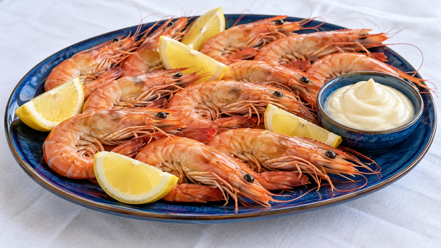 Langostinos cocidos enteros con gajos de limón y un cuenco de mayonesa en una fuente azul.