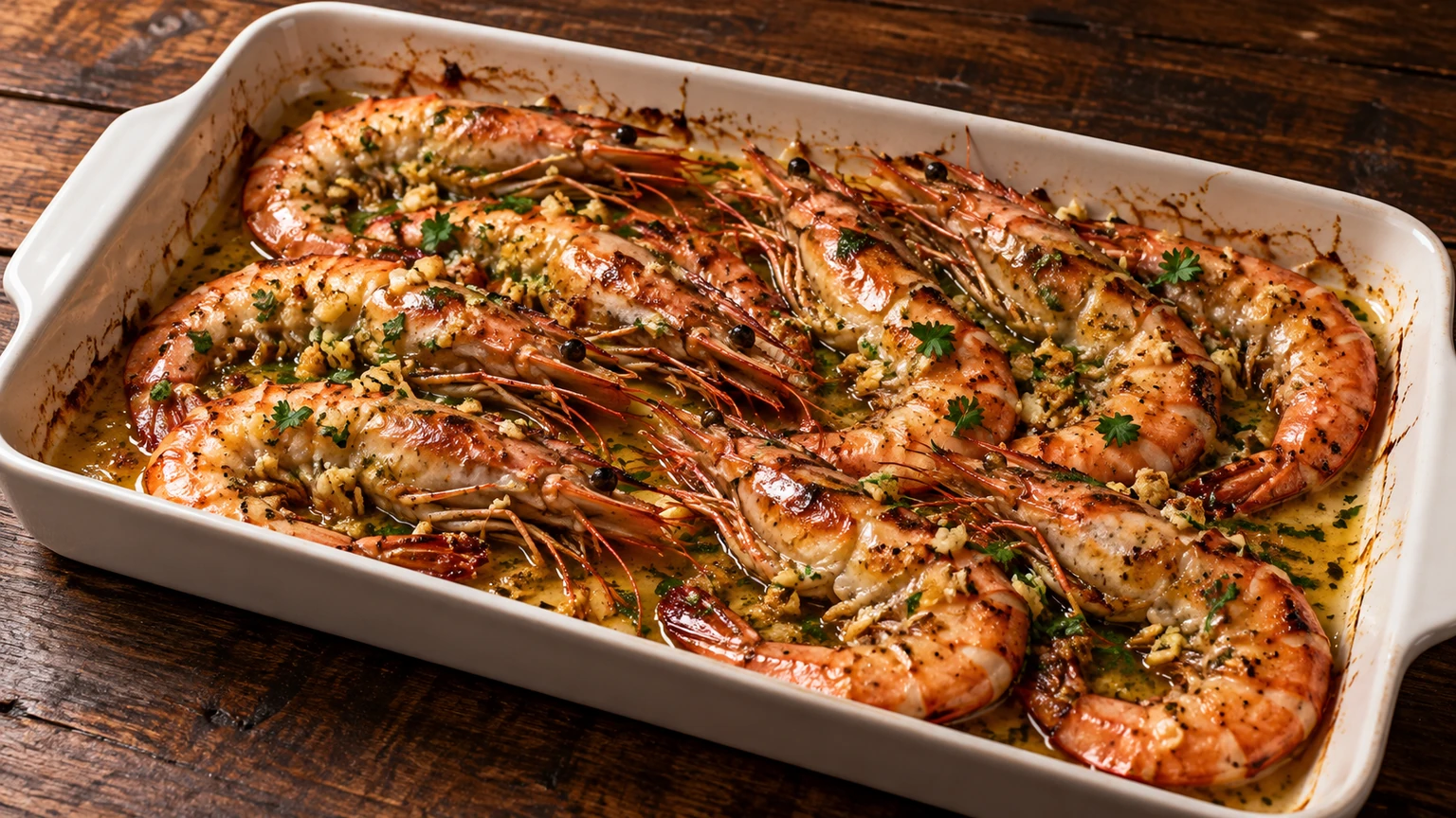 Langostinos al horno con ajo y perejil sobre sus jugos en una fuente rectangular.