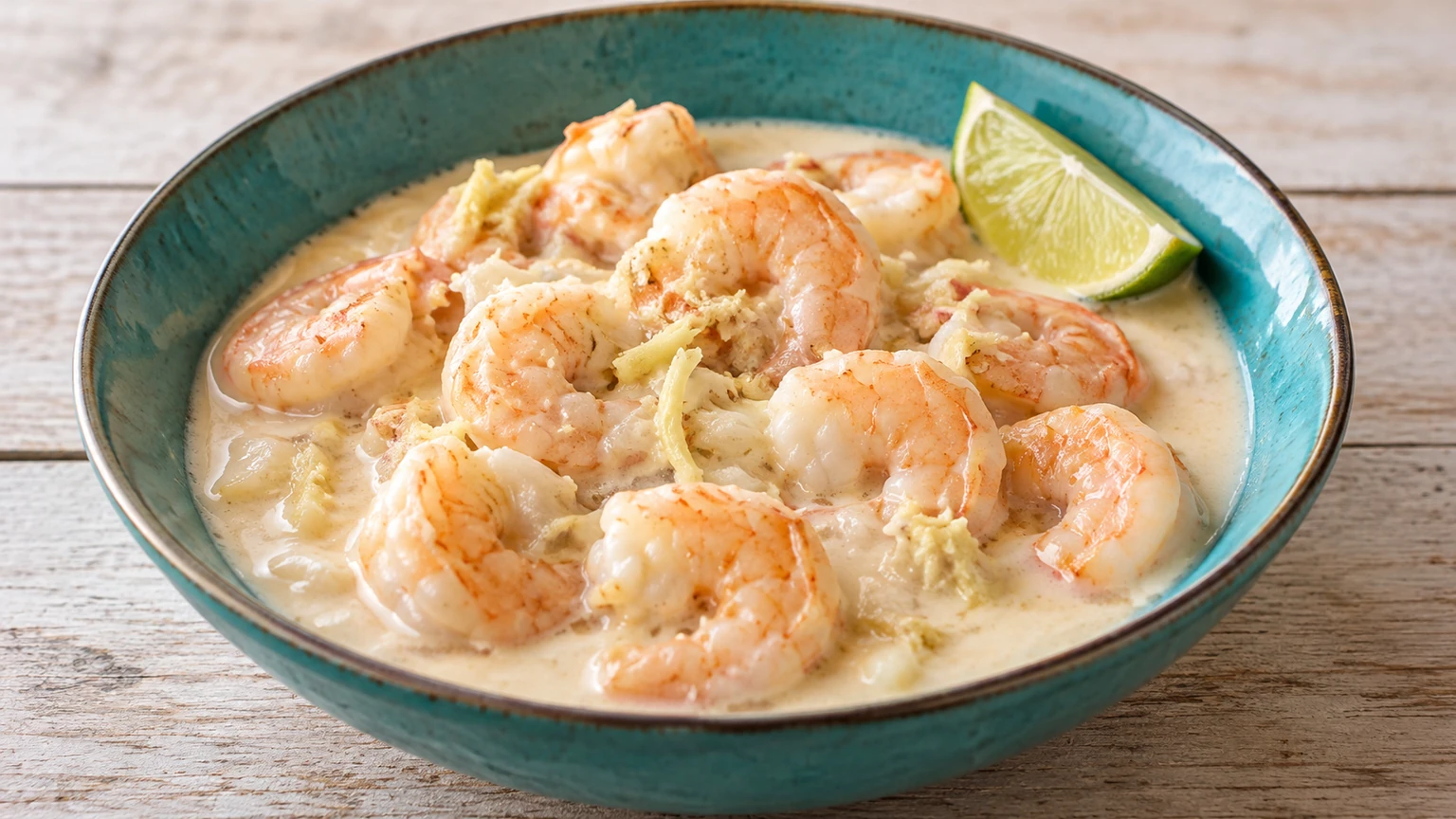 Langostinos pelados en salsa de coco de color marfil con un gajo de lima en un cuenco.