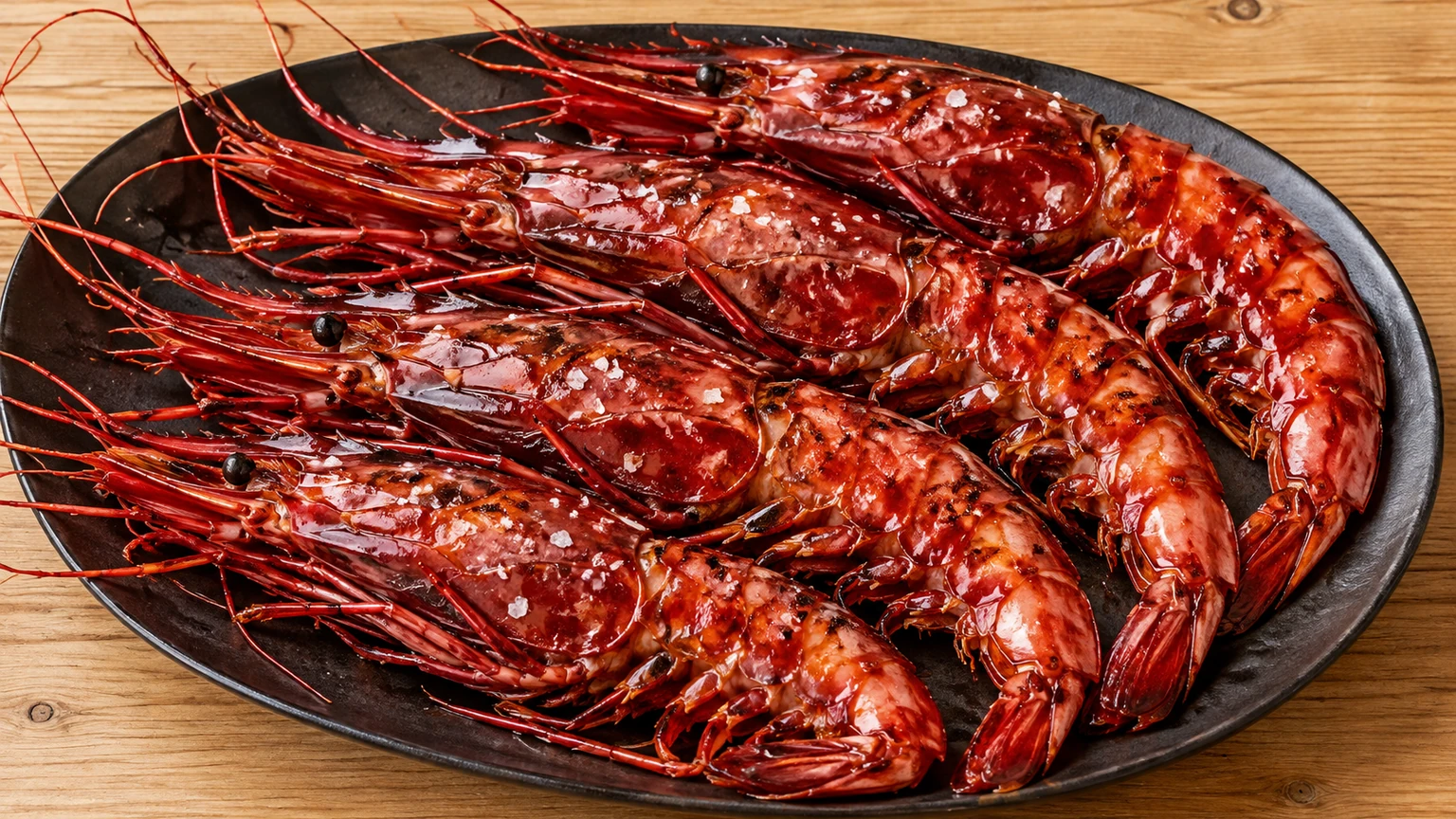 Carabineros enteros de color rojo intenso a la plancha sobre una fuente oscura.
