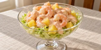 Cóctel de gambas Copa de cóctel de gambas con lechuga, dados de piña y salsa rosa.