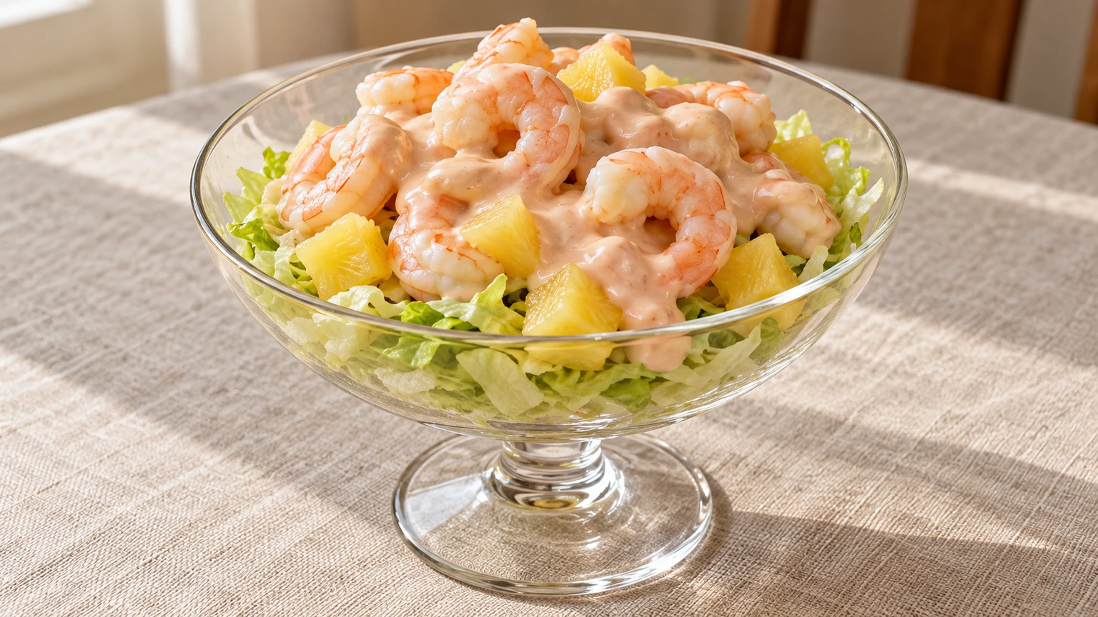 Copa de cóctel de gambas con lechuga, dados de piña y salsa rosa.