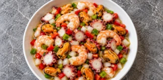 Salpicón de langostinos, mejillones y pulpo con pimientos rojos y verdes en una ensaladera.