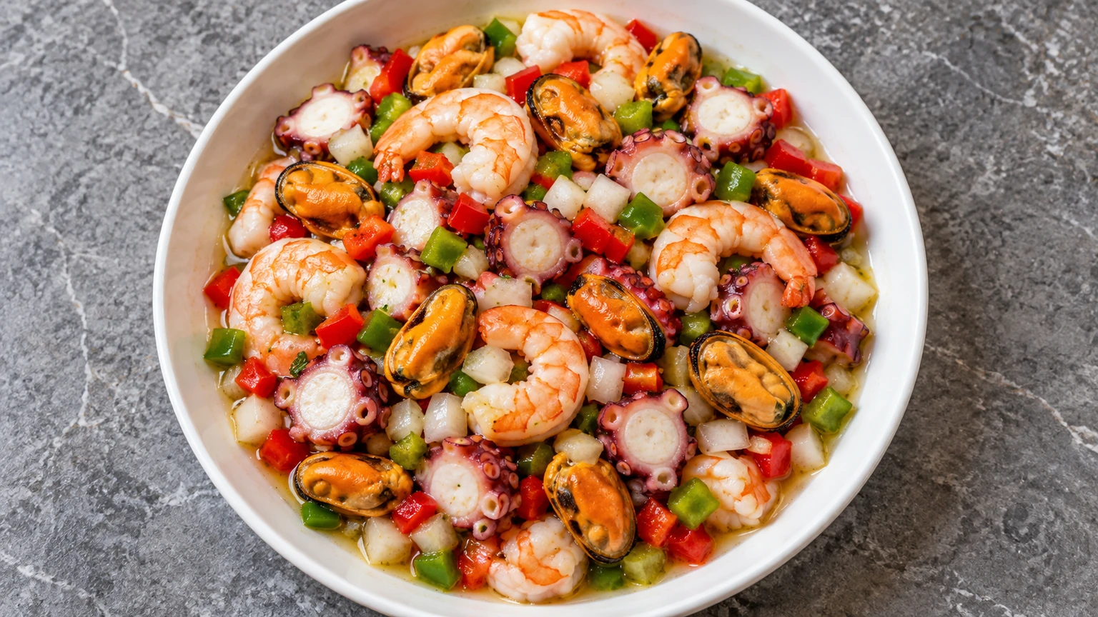 Salpicón de langostinos, mejillones y pulpo con pimientos rojos y verdes en una ensaladera.