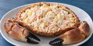 Buey de mar relleno Caparazón de buey de mar con relleno de carne, huevo y mayonesa acompañado por sus pinzas.
