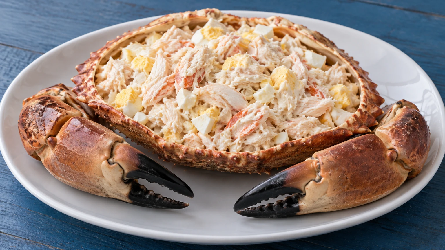 Caparazón de buey de mar con relleno de carne, huevo y mayonesa acompañado por sus pinzas.