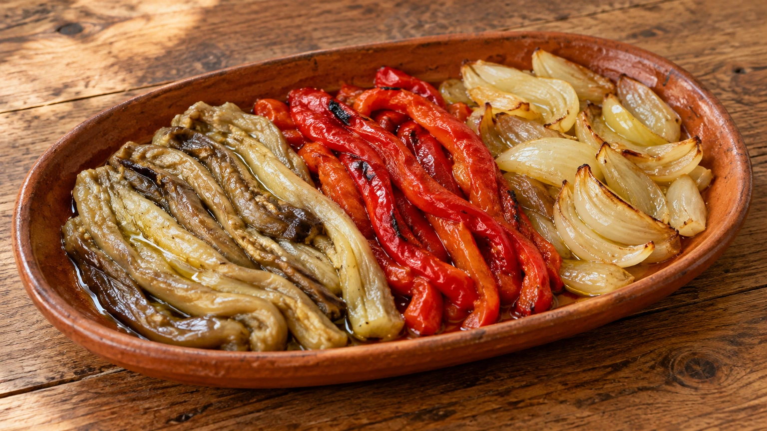 Tiras de berenjena y pimiento rojo asados con capas de cebolla y aceite de oliva en una fuente.