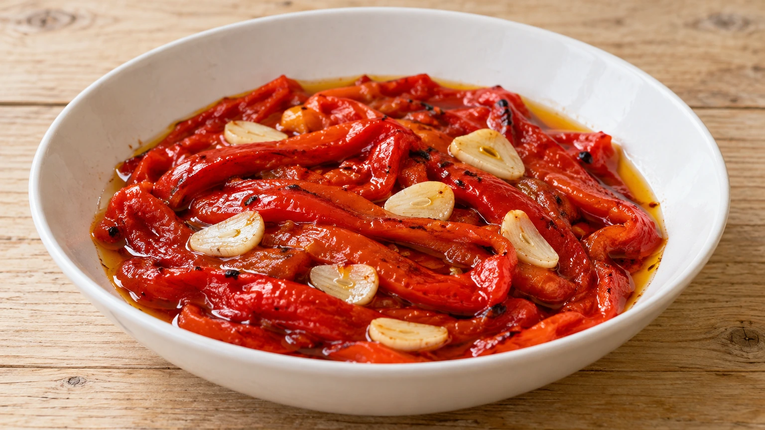 Pimientos rojos asados y pelados en tiras con láminas de ajo y sus jugos en un cuenco blanco.