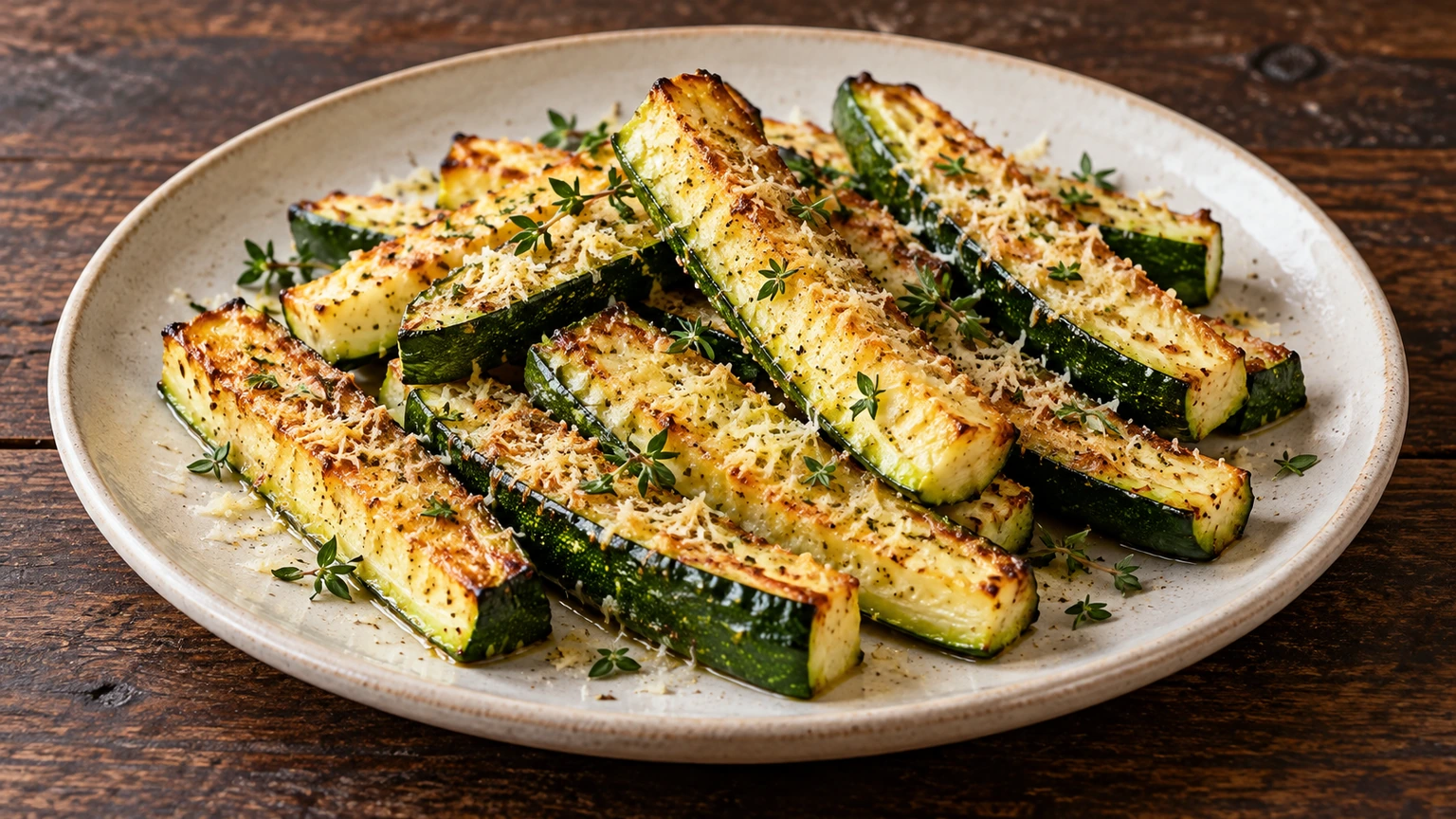 Bastones de calabacín con piel verde, parmesano dorado y pequeñas hojas de tomillo.