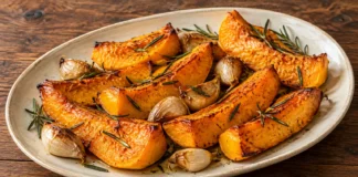 Calabaza asada con romero Gajos de calabaza asada con hojas de romero y dientes de ajo con piel en una fuente clara.