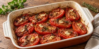 Tomates asados con hierbas Mitades de tomates de pera asados con ajo laminado, tomillo y orégano en una fuente con sus jugos.