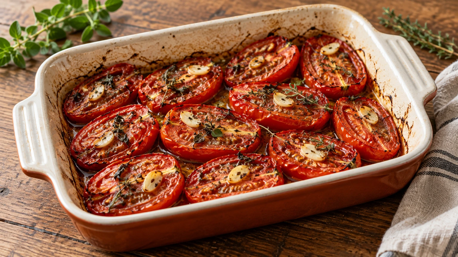 Mitades de tomates de pera asados con ajo laminado, tomillo y orégano en una fuente con sus jugos.