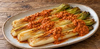 Puerros asados con romesco Puerros abiertos longitudinalmente y asados, con salsa romesco rojiza repartida sobre las capas tiernas.