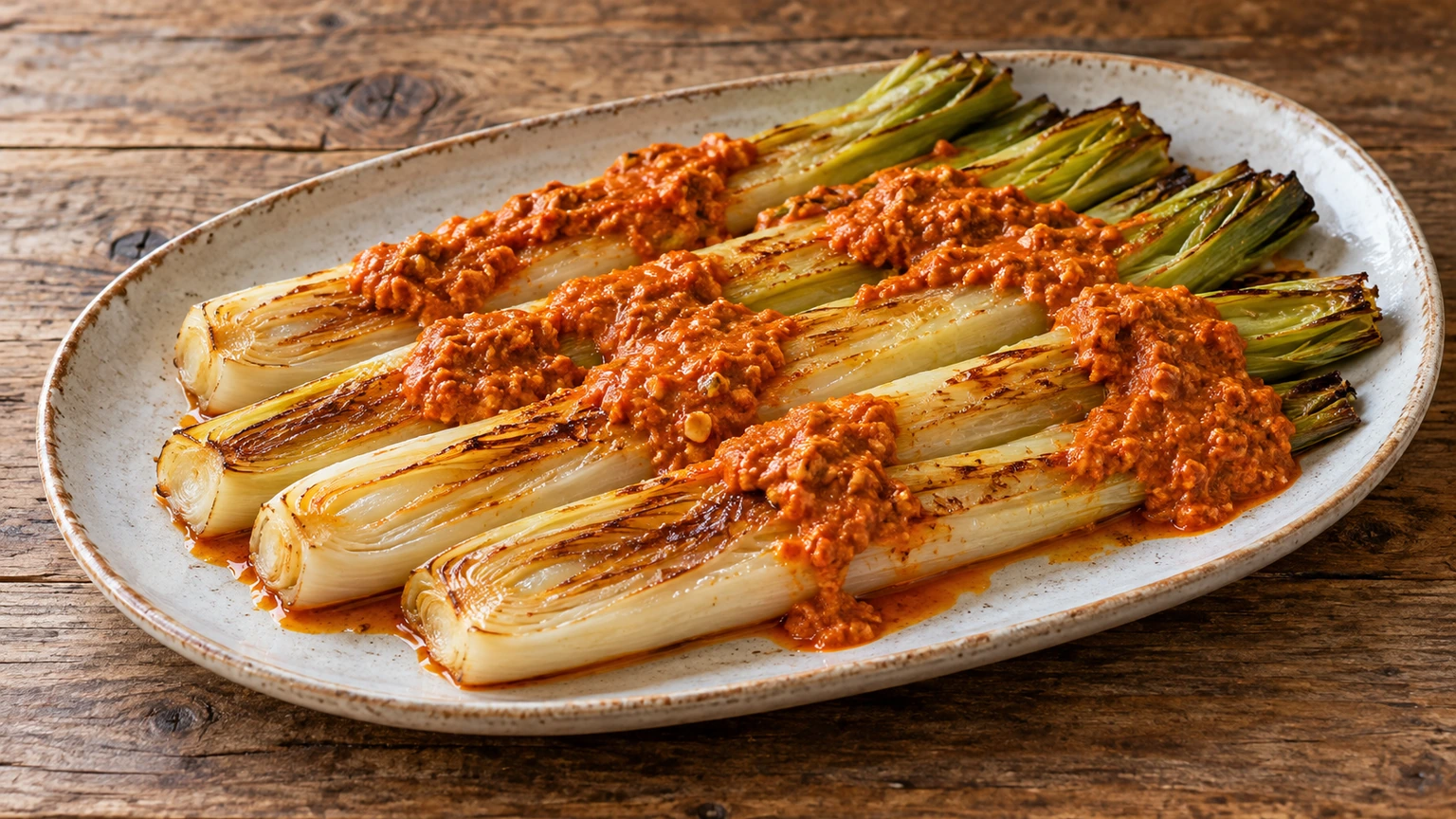 Puerros abiertos longitudinalmente y asados, con salsa romesco rojiza repartida sobre las capas tiernas.