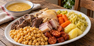 Cocido madrileño Fuente de cocido madrileño con garbanzos, carnes, repollo, patata y zanahoria junto a un cuenco de sopa de fideos.