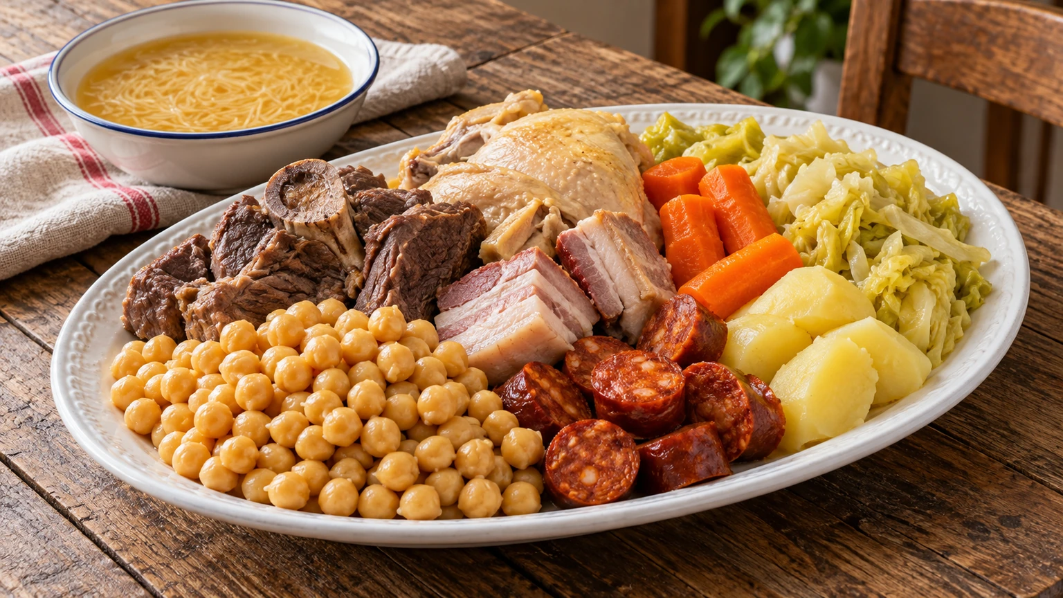 Fuente de cocido madrileño con garbanzos, carnes, repollo, patata y zanahoria junto a un cuenco de sopa de fideos.