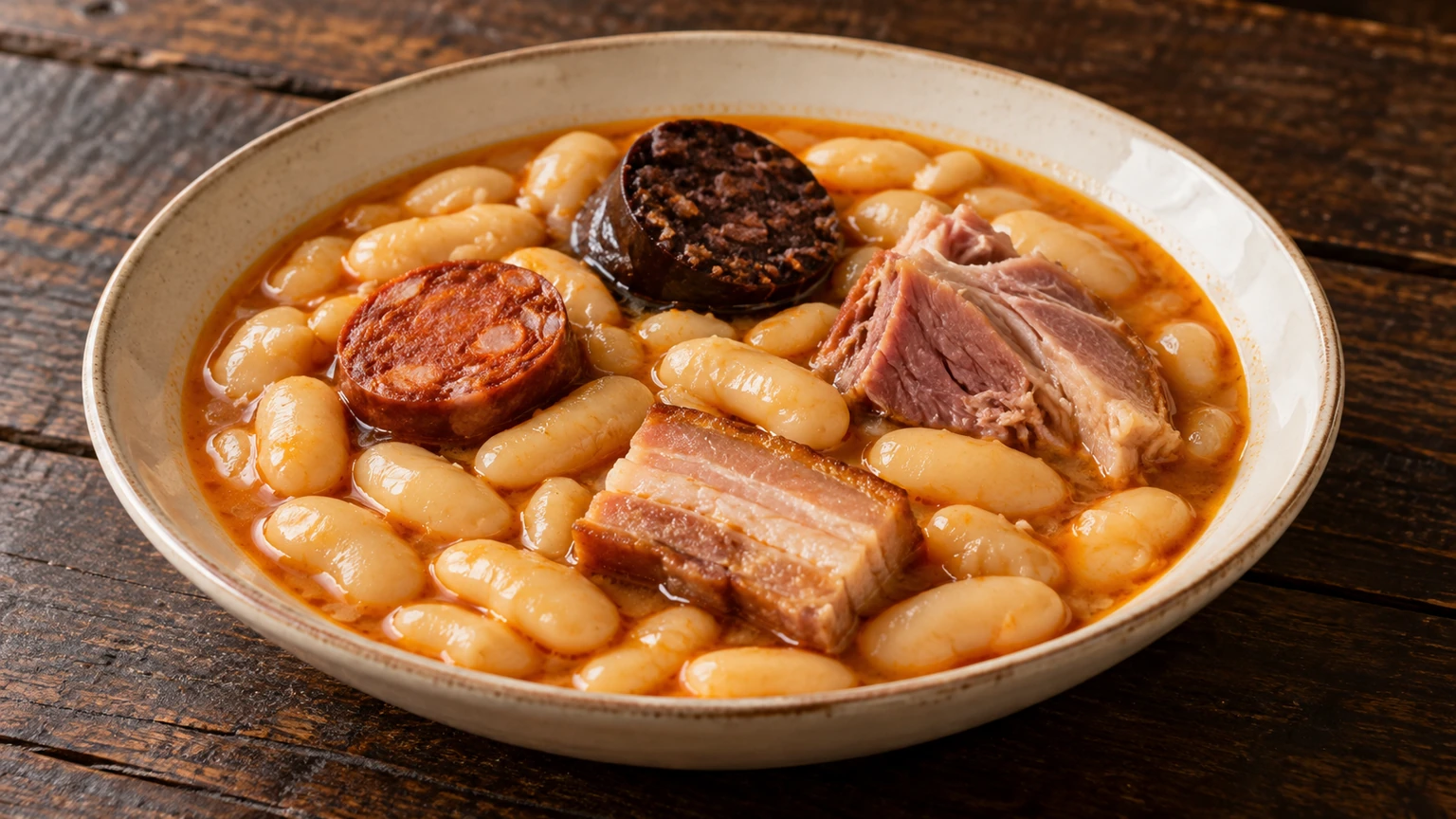 Fabes blancas en caldo cremoso con chorizo, morcilla asturiana, lacón y panceta en un plato hondo.