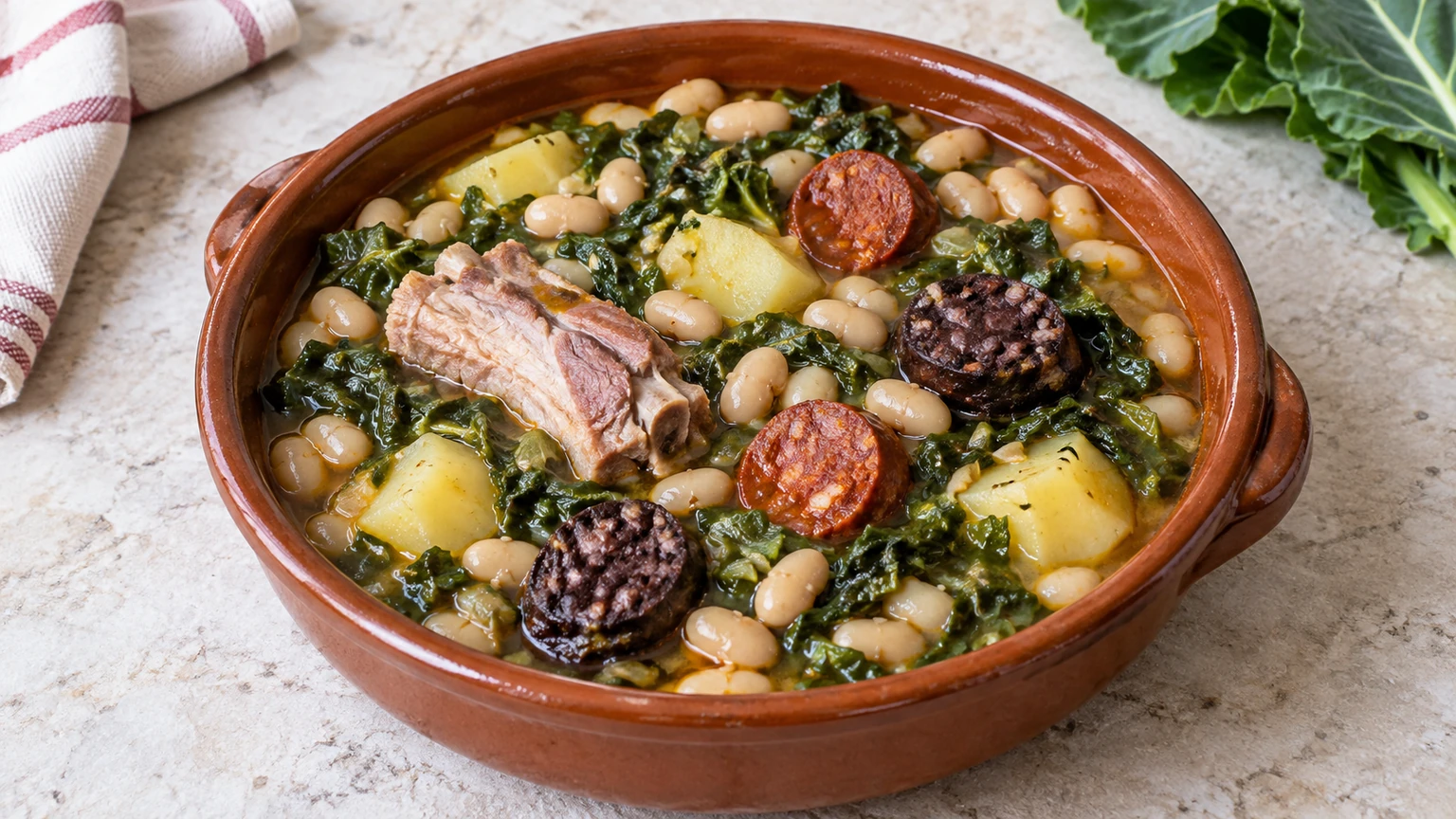 Cazuela de cocido montañés con alubias blancas, berza picada, patatas, costilla, chorizo y morcilla.