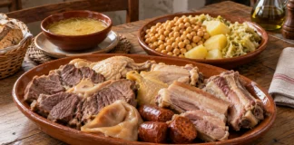 Cocido maragato Fuente de carnes de cocido maragato con garbanzos, repollo y patatas en segundo plano junto a la sopa.