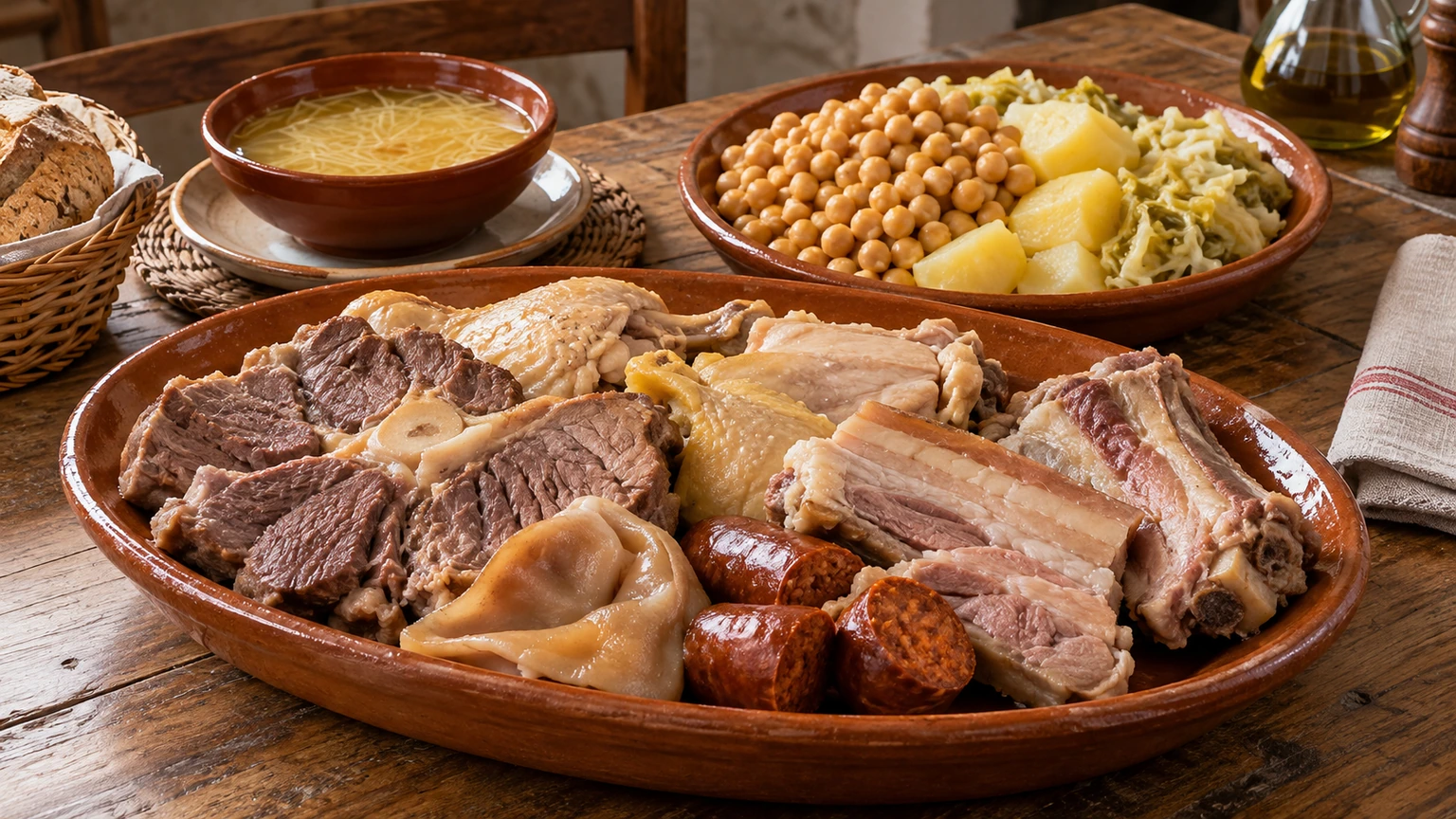Fuente de carnes de cocido maragato con garbanzos, repollo y patatas en segundo plano junto a la sopa.