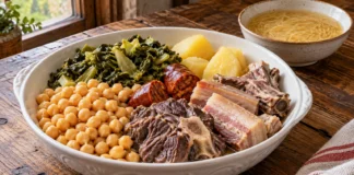 Cocido lebaniego Cocido lebaniego con garbanzos, ternera, costilla, panceta, chorizo, berza y patatas junto a sopa de fideos.