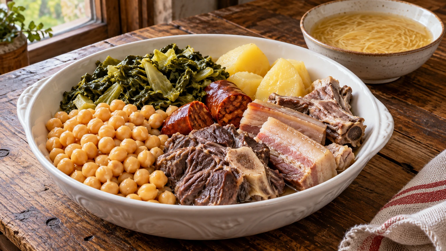 Cocido lebaniego con garbanzos, ternera, costilla, panceta, chorizo, berza y patatas junto a sopa de fideos.
