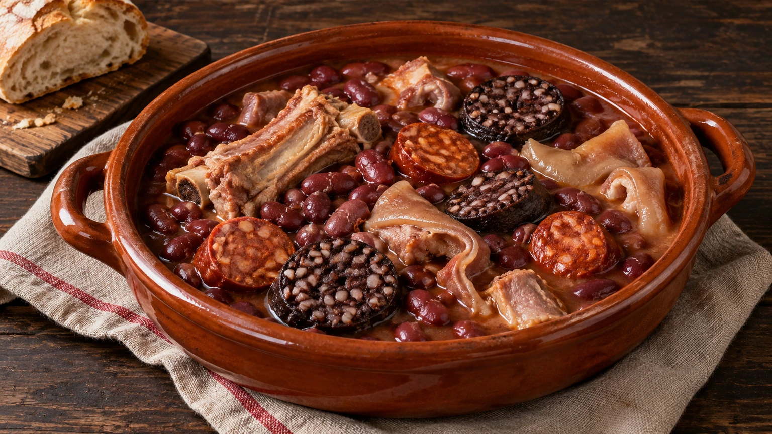 Alubias rojas con costilla, oreja de cerdo, chorizo y rodajas de morcilla de arroz en cazuela de barro.