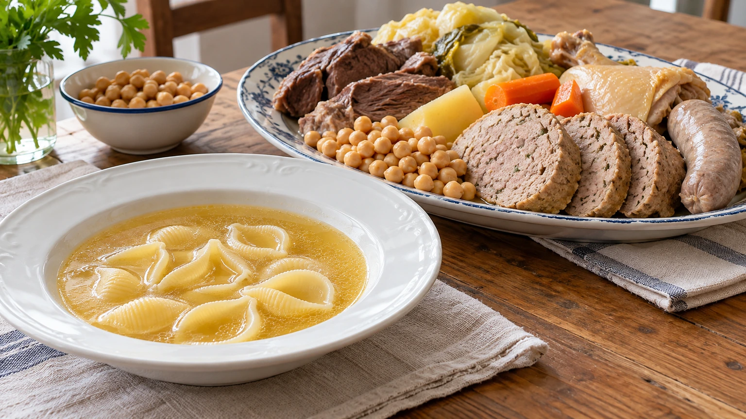 Sopa de galets junto a una fuente con pilota cortada, garbanzos, verduras, ternera, pollo y butifarra blanca.