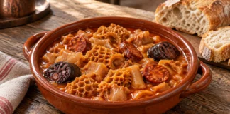 Callos a la madrileña Callos de ternera con textura de panal, chorizo y morcilla en salsa roja de pimentón dentro de una cazuela.