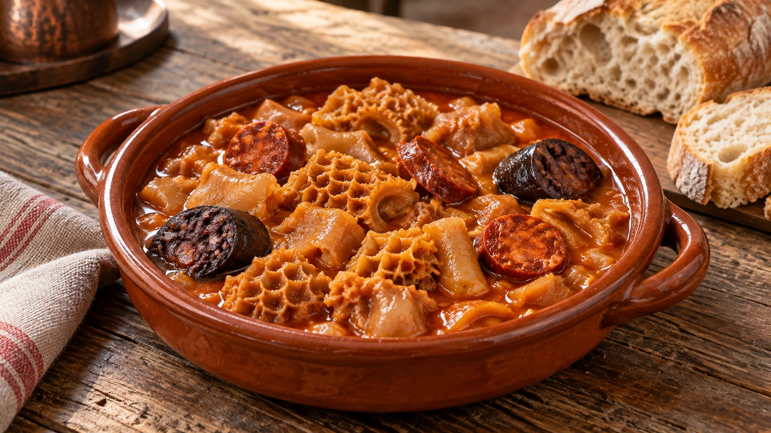 Callos de ternera con textura de panal, chorizo y morcilla en salsa roja de pimentón dentro de una cazuela.