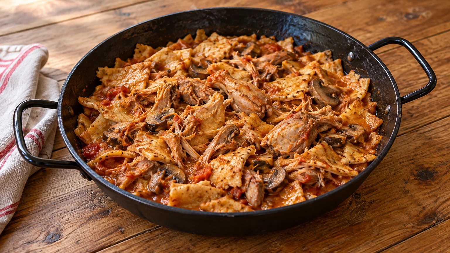 Gazpachos manchegos jugosos con torta cenceña troceada, carne deshuesada de conejo y pollo, tomate y setas.