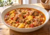 Gurullos con conejo Guiso caldoso de gurullos con piezas de conejo, garbanzos, patatas, tomate y pimientos en un plato hondo.