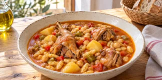 Gurullos con conejo Guiso caldoso de gurullos con piezas de conejo, garbanzos, patatas, tomate y pimientos en un plato hondo.