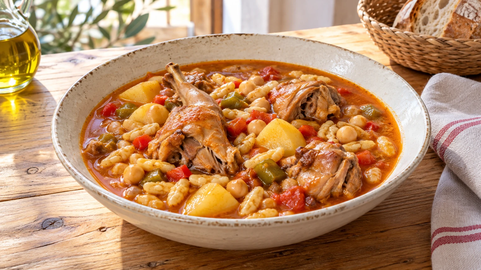 Guiso caldoso de gurullos con piezas de conejo, garbanzos, patatas, tomate y pimientos en un plato hondo.