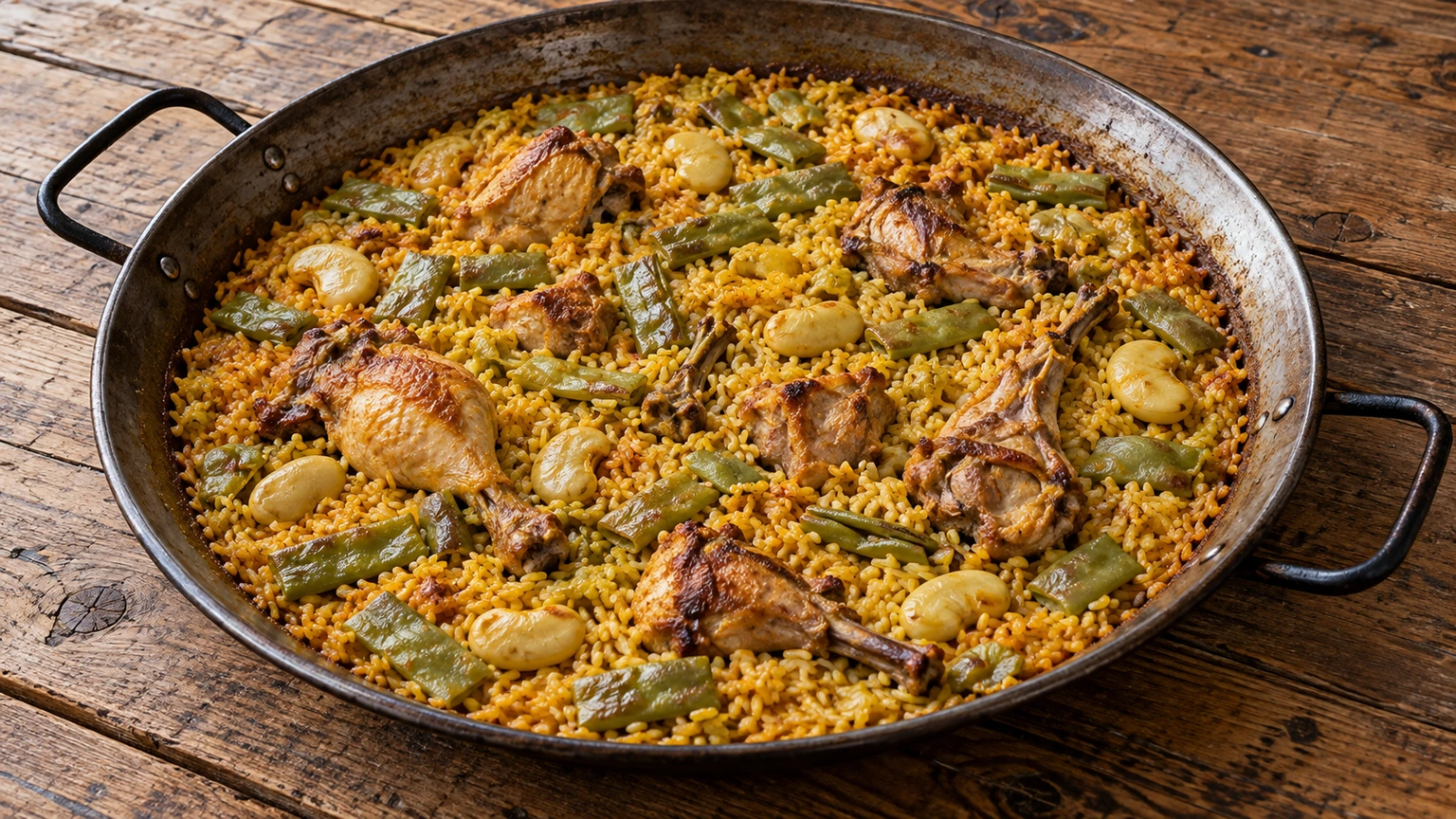 Paella valenciana con arroz dorado, pollo, conejo, judías verdes y garrofón en un recipiente metálico.