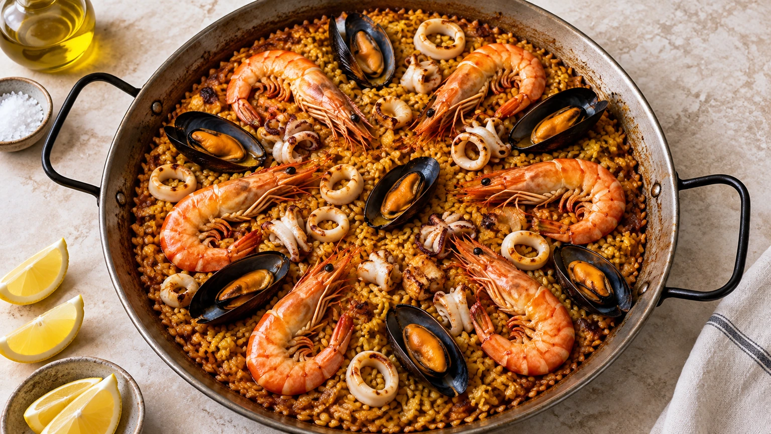 Paella de marisco con gambas enteras, mejillones abiertos y calamar sobre arroz dorado.