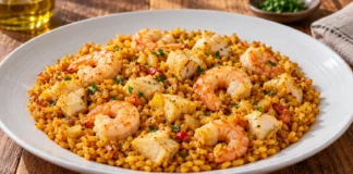 Arroz del senyoret Arroz del senyoret con gambas completamente peladas y dados de rape sobre un plato blanco.