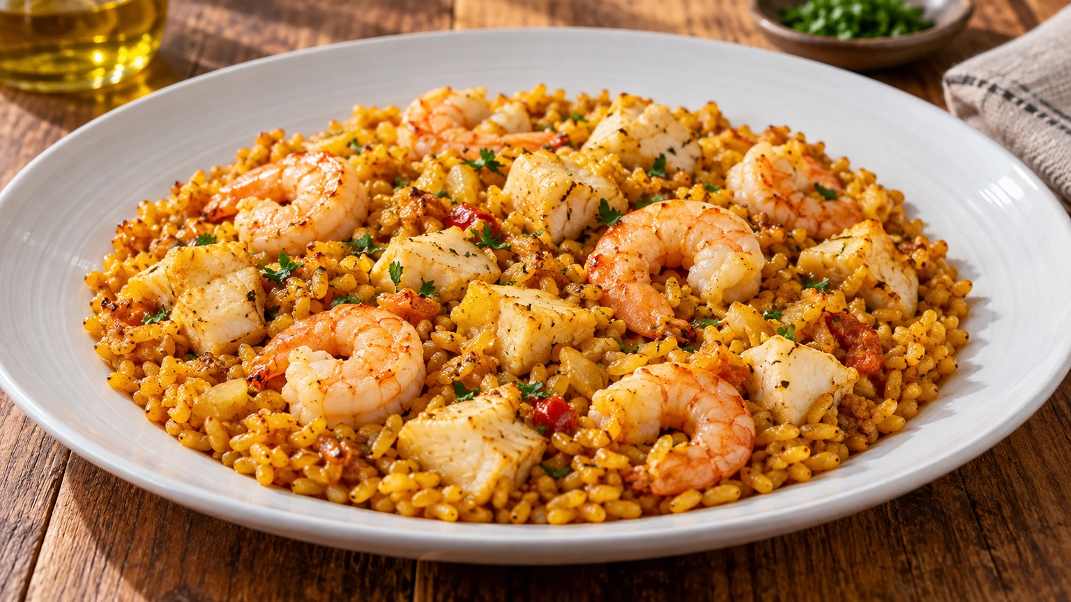 Arroz del senyoret con gambas completamente peladas y dados de rape sobre un plato blanco.