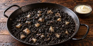Arroz negro Arroz negro con dados de sepia en una paella y un pequeño cuenco de alioli al lado.