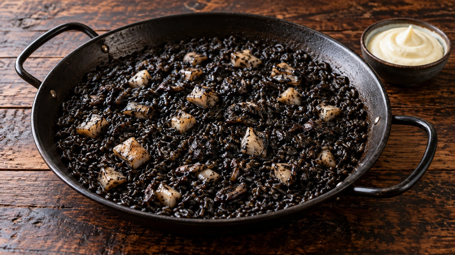 Arroz negro con dados de sepia en una paella y un pequeño cuenco de alioli al lado.