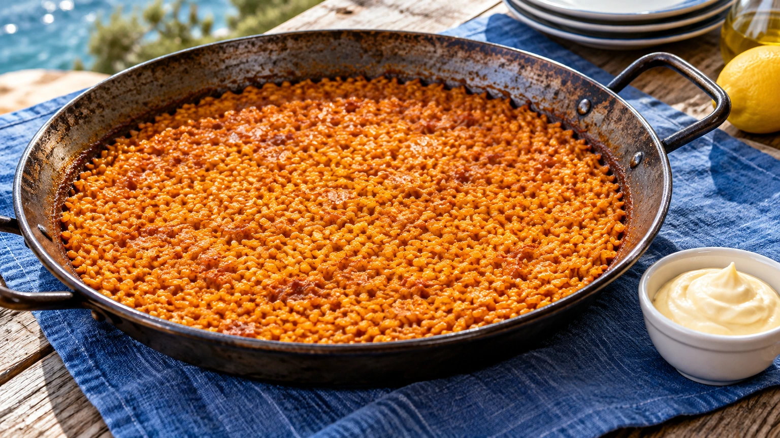 Arroz a banda de color ámbar sin tropezones visibles en una paella, acompañado de alioli aparte.
