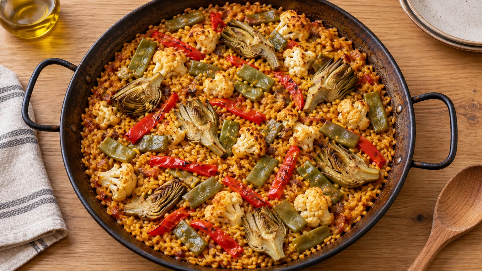 Arroz seco con alcachofas, judías verdes, tiras de pimiento rojo y pequeños ramilletes de coliflor.