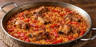 Arroz con costillas Arroz seco con costillas de cerdo doradas y tiras de pimiento rojo en una paella metálica.