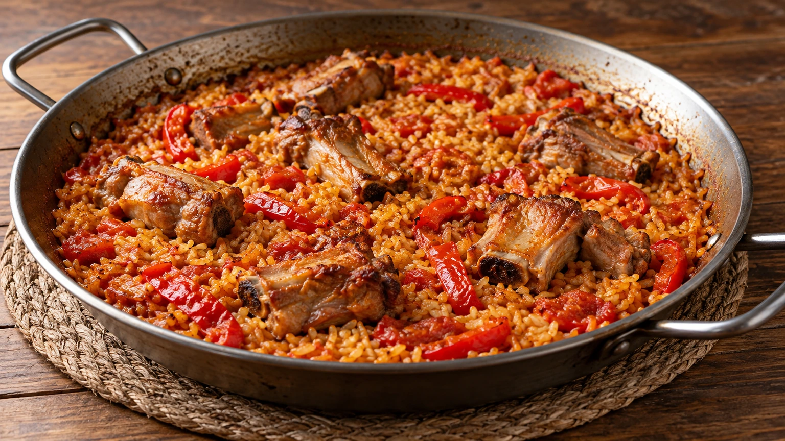Arroz seco con costillas de cerdo doradas y tiras de pimiento rojo en una paella metálica.