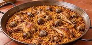 Arroz con conejo y caracoles Arroz con piezas de conejo doradas y caracoles con concha sobre una capa de arroz seco.