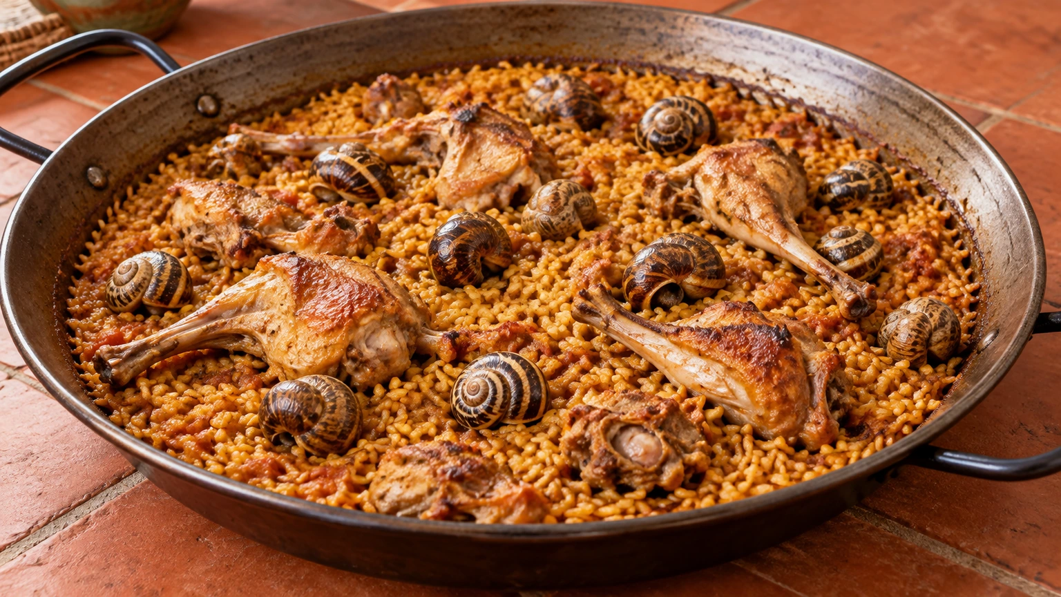 Arroz con piezas de conejo doradas y caracoles con concha sobre una capa de arroz seco.